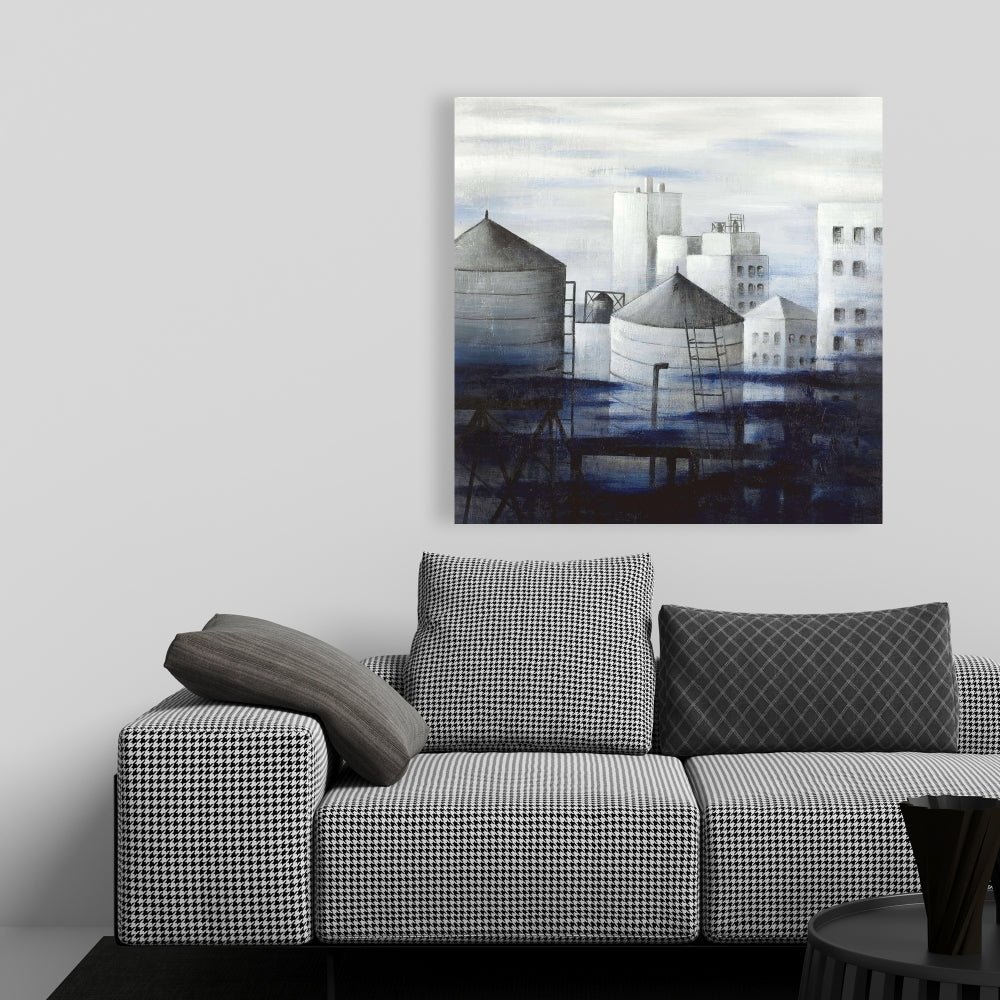 Gray City with Blue Clouds Canvas | Modern Bedroom Wall Art