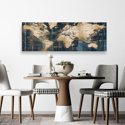Abstract World Map Canvas - Blue Bedroom Decor Art