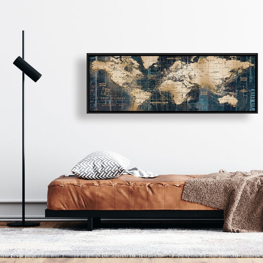 Carte du monde abstraite hyperréaliste bleue encadrée sur toile - Décoration d'intérieur