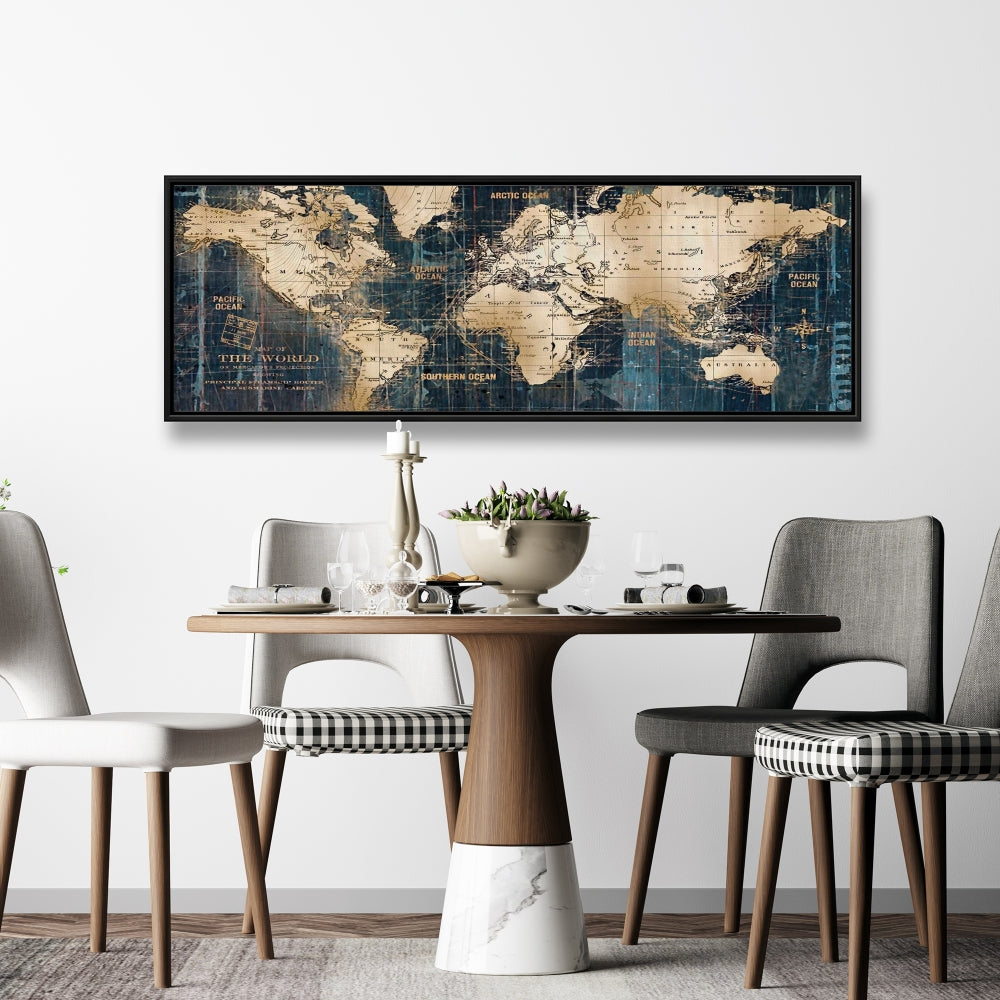 Carte du monde abstraite hyperréaliste bleue encadrée sur toile - Décoration d'intérieur