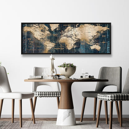 Carte du monde abstraite hyperréaliste bleue encadrée sur toile - Décoration d'intérieur