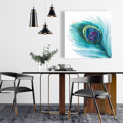 Peacock Feather Closeup Canvas | Bohemian Bird Blue Decor
