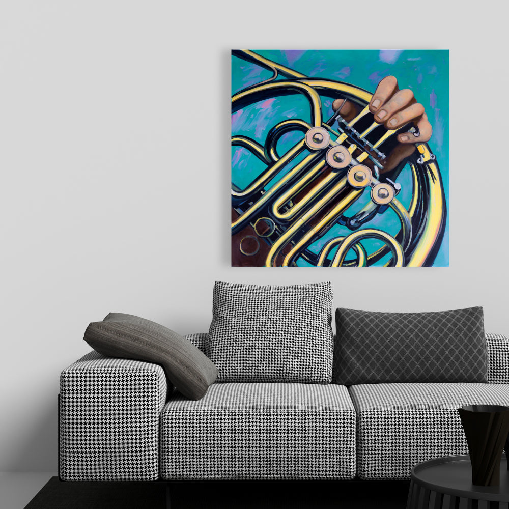 Toile murale jaune – Décor de musicien avec cor français
