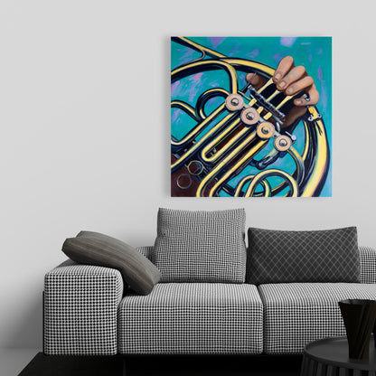 Toile murale jaune – Décor de musicien avec cor français