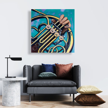 Toile murale jaune – Décor de musicien avec cor français