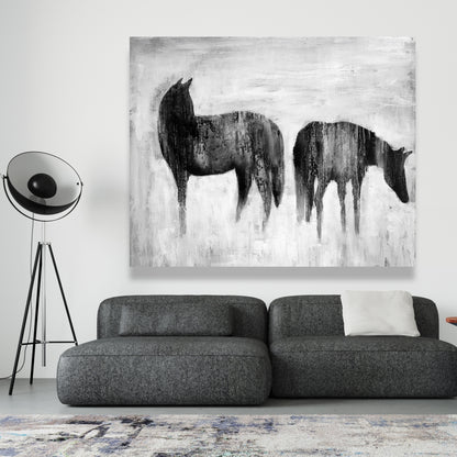 Horses Silhouettes in Mist - White Abstract Canvas Home Decor