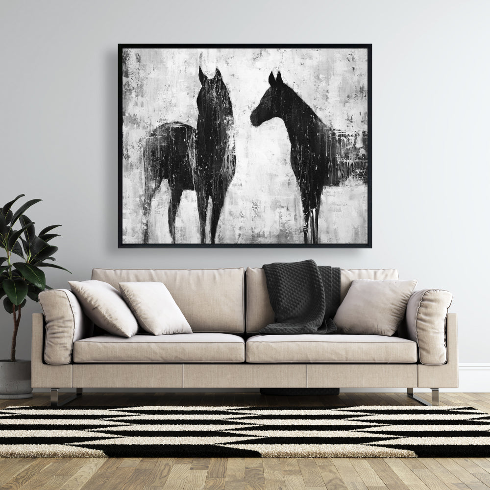 Black & White Horses Framed Canvas | Home Decor Wall Art