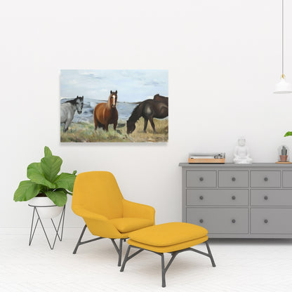 Rustic Bedroom Canvas | Horses Eating in Meadow Wall Art