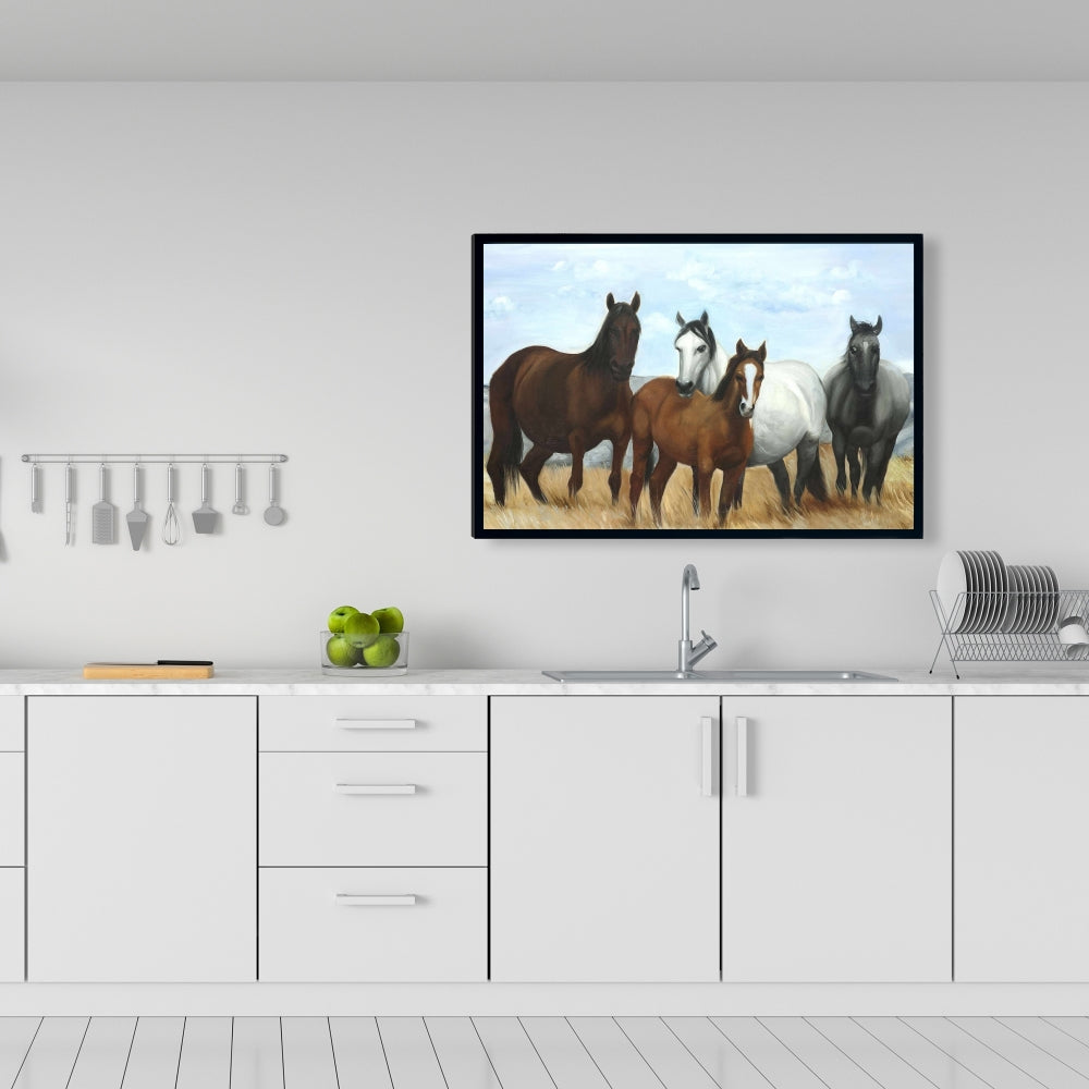 Rustic Blue Framed Canvas - Horses in Meadow by Sun Decor