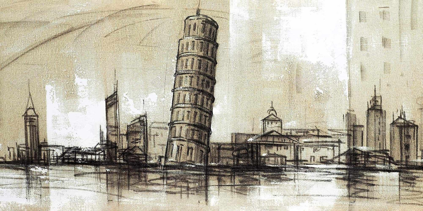 Toile encadrée beige « Chambres et villes » - Décor de croquis de la tour Pise