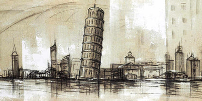 Toile encadrée beige « Chambres et villes » - Décor de croquis de la tour Pise