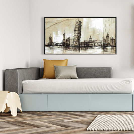 Toile encadrée beige « Chambres et villes » - Décor de croquis de la tour Pise