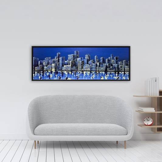 City in Blue Framed Canvas - Blue City Bedroom Wall Art Decor