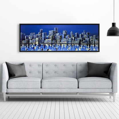 City in Blue Framed Canvas - Blue City Bedroom Wall Art Decor