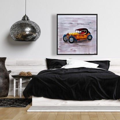 Toile « Voiture jouet jaune » | Décoration murale encadrée bleue