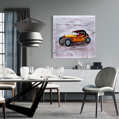 Voiture jouet jaune vintage sur toile bleue | Décoration d'intérieur
