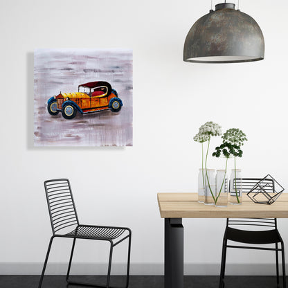 Voiture jouet jaune vintage sur toile bleue | Décoration d'intérieur