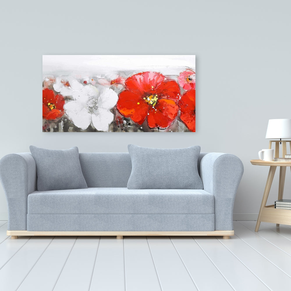 Gray Field with Red Flowers Canvas | Modern Bedroom Decor