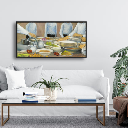 Toile encadrée « Chefs cuisiniers au travail » | Décoration de cuisine contemporaine