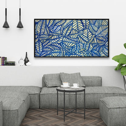 Leaf Pattern Canvas | Blue Framed Wall Art for Bedroom Decor