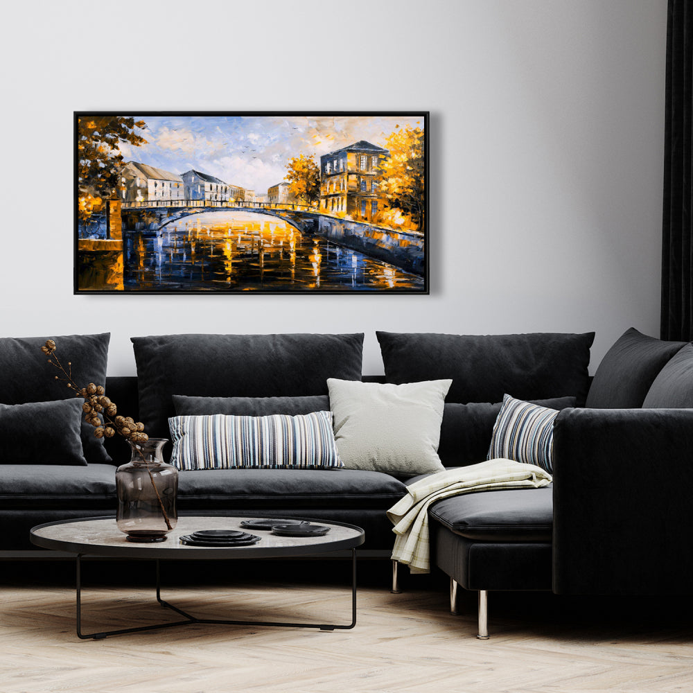 Toile « Pont par une journée ensoleillée » | Décoration d'intérieur avec cadre bleu