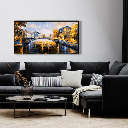 Toile « Pont par une journée ensoleillée » | Décoration d'intérieur avec cadre bleu