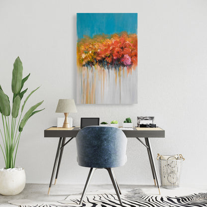 Orange Flowers Canvas - Blue Bathroom Home Decor Art