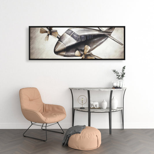 Toile « Avion en plein vol » | Cadre gris industriel