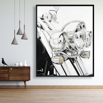 Toile lumineuse moto | Cadre industriel blanc | Décoration d'intérieur