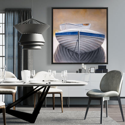 Coastal Blue Canvas - Two Canoe Boats Framed Art Decor