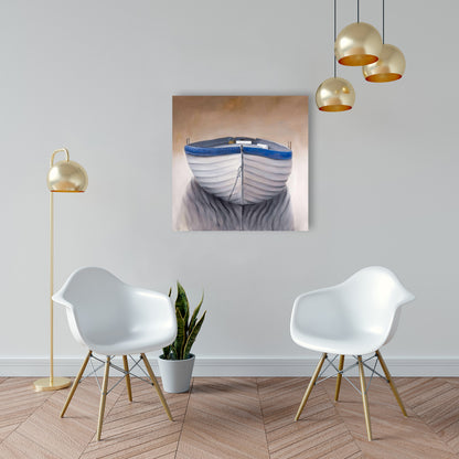 Canoe Boat Blue Coastal Canvas - Nautical Home Decor Art
