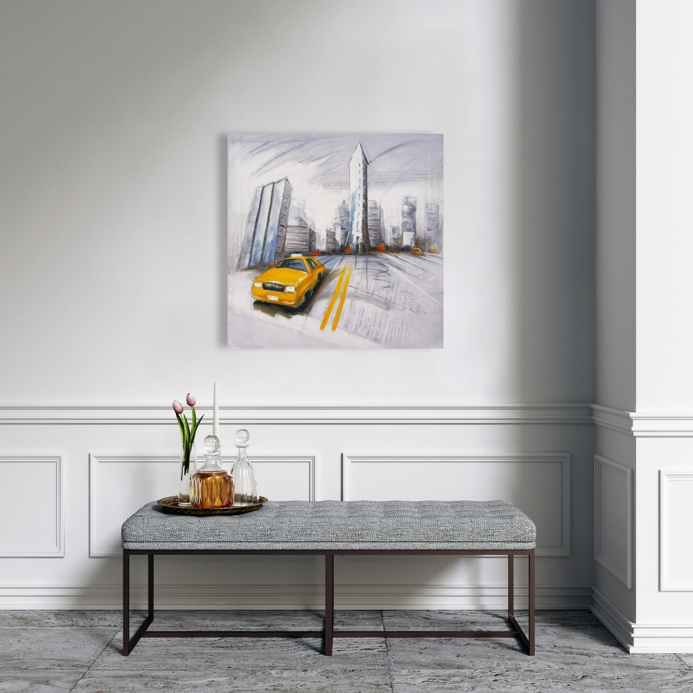 Yellow Taxi & City Sketch - Blue Canvas for Bedroom Decor