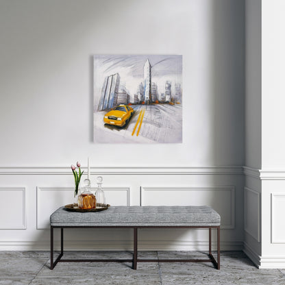 Yellow Taxi & City Sketch - Blue Canvas for Bedroom Decor