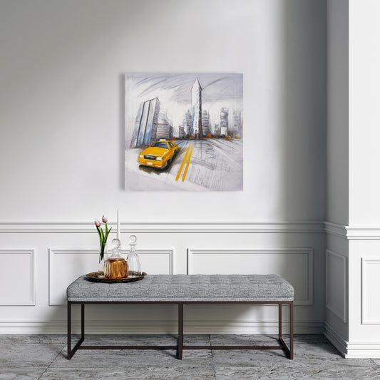 Yellow Taxi & City Sketch - Blue Canvas for Bedroom Decor