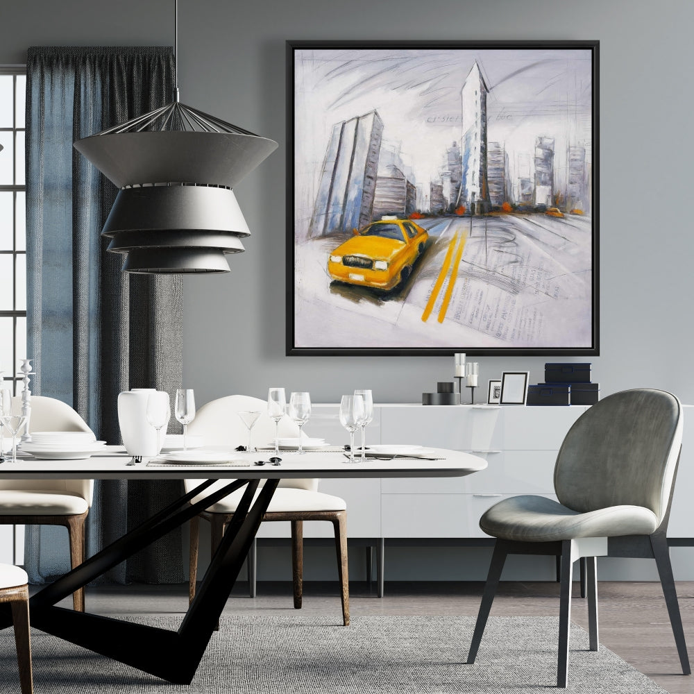 Toile « Taxi jaune et croquis de la ville » | Décoration murale pour chambre