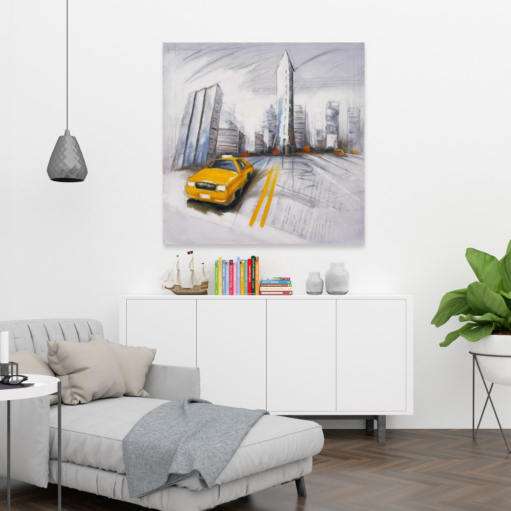 Yellow Taxi & City Sketch - Blue Canvas for Bedroom Decor