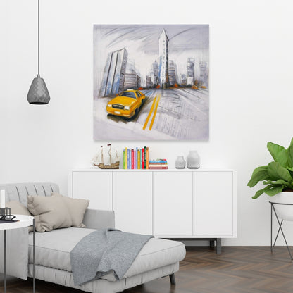 Yellow Taxi & City Sketch - Blue Canvas for Bedroom Decor