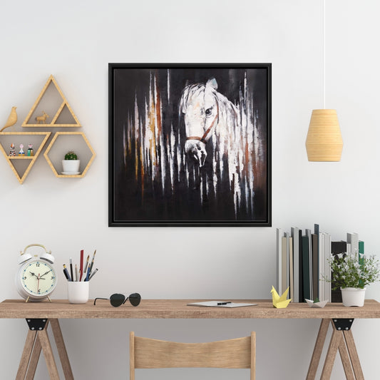 Cheval blanc sur toile sombre – Décoration animalière rustique pour chambre à coucher