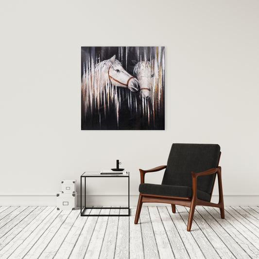 Toile représentant deux chevaux blancs s'embrassant - Décoration de chambre d'animaux de la ferme