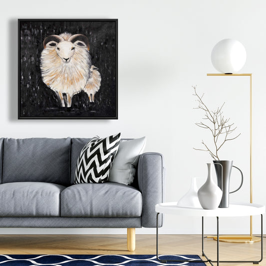 Toile encadrée Animaux de chambre marron – Décor de deux béliers touffus