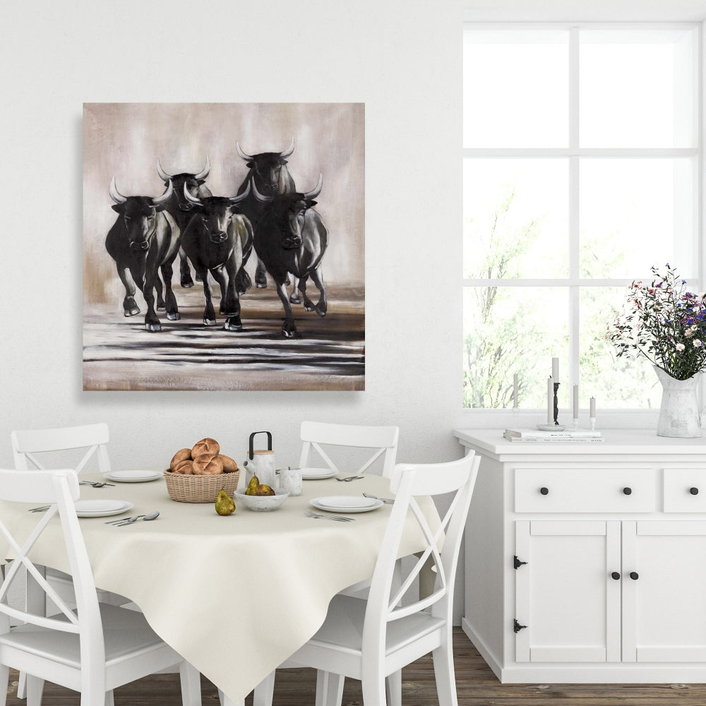 Toile représentant un groupe de taureaux en fuite – Décoration rustique d'animaux de ferme