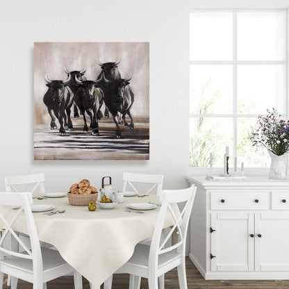 Toile représentant un groupe de taureaux en fuite – Décoration rustique d'animaux de ferme
