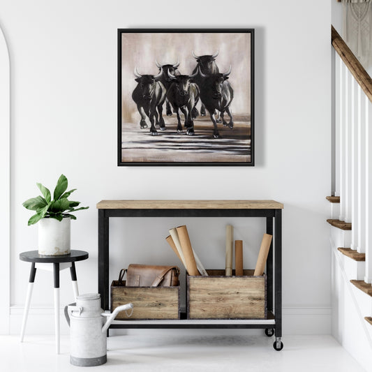 Groupe de taureaux en course – Décoration sur toile encadrée d'animaux bruns