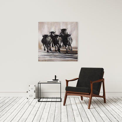 Toile représentant un groupe de taureaux en fuite – Décoration rustique d'animaux de ferme