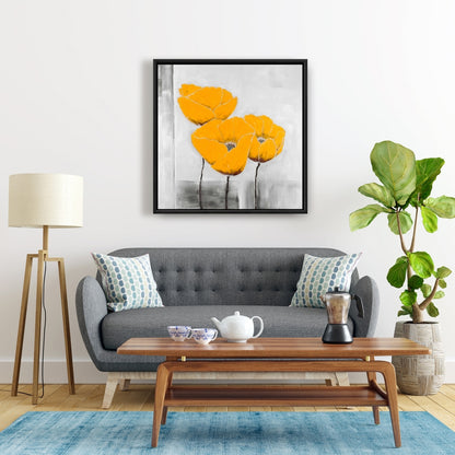 Gray Botanical Framed Canvas - Three Yellow Flowers Decor