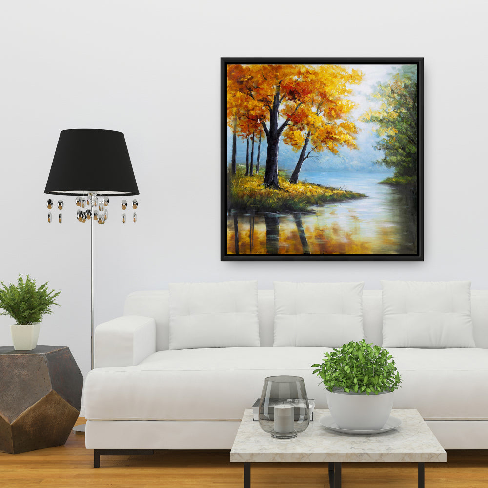 Blue Trees Landscapes Framed Canvas - Trees by the Lake Decor