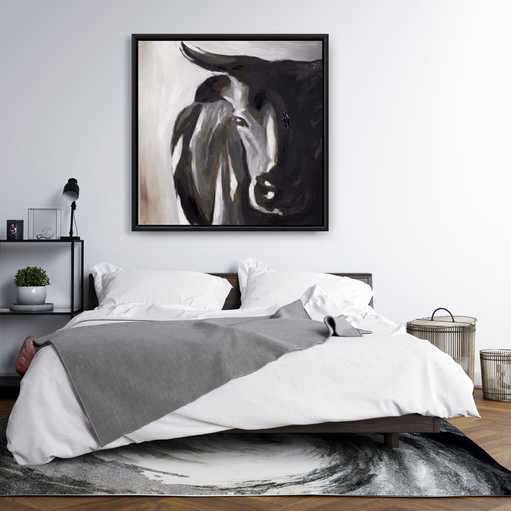 Bull Head Closeup Canvas | Brown Framed Bedroom Decor