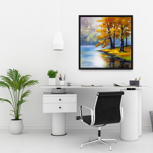 Two Trees by the Lake | Blue Framed Canvas | Home Decor