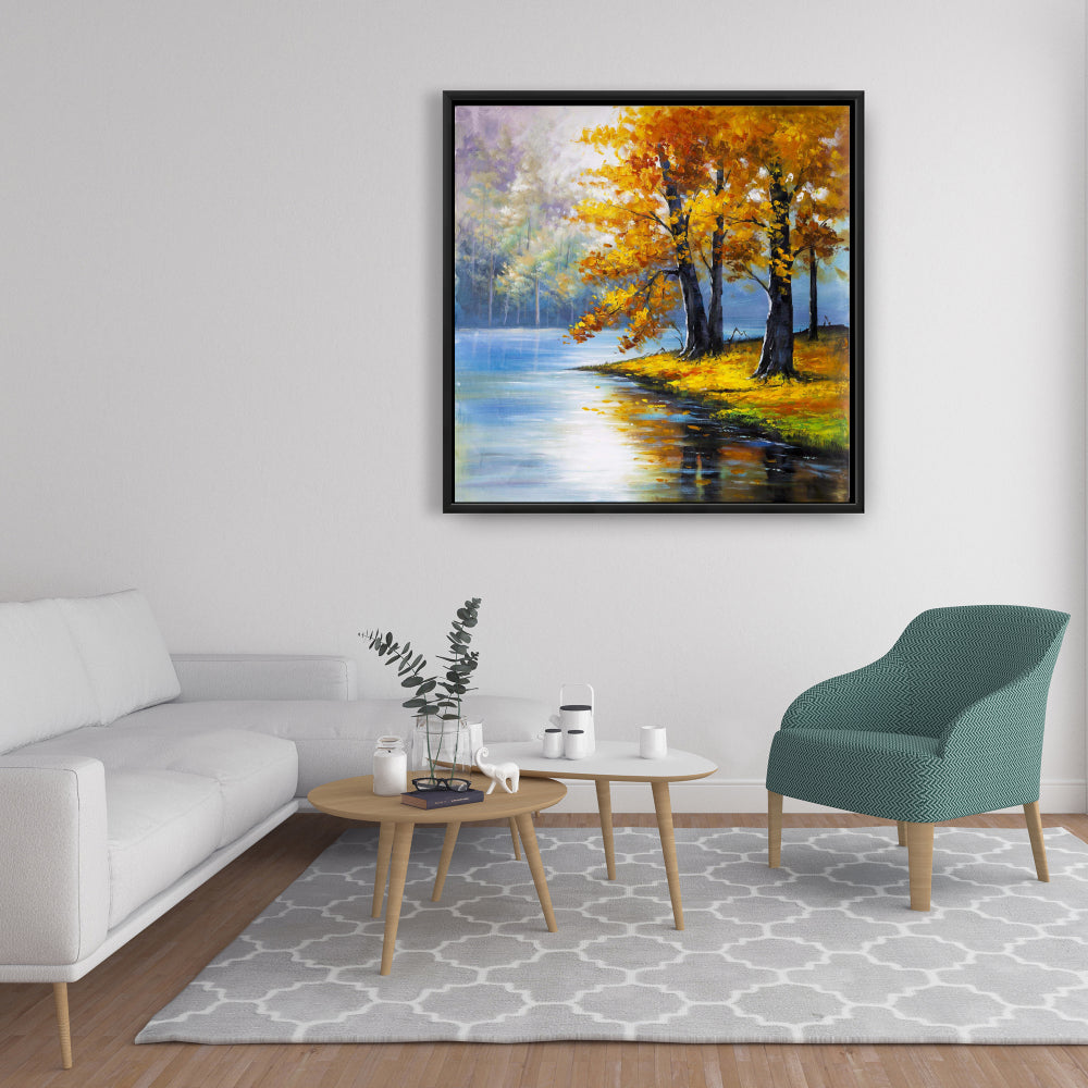 Two Trees by the Lake | Blue Framed Canvas | Home Decor