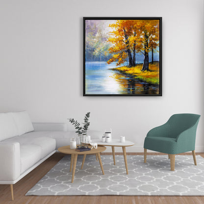 Two Trees by the Lake | Blue Framed Canvas | Home Decor